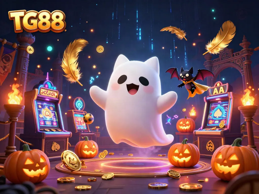 Engage with the thrilling atmosphere of TG88's haunted casino adventure through floating ghost cats and vibrant slot machines.