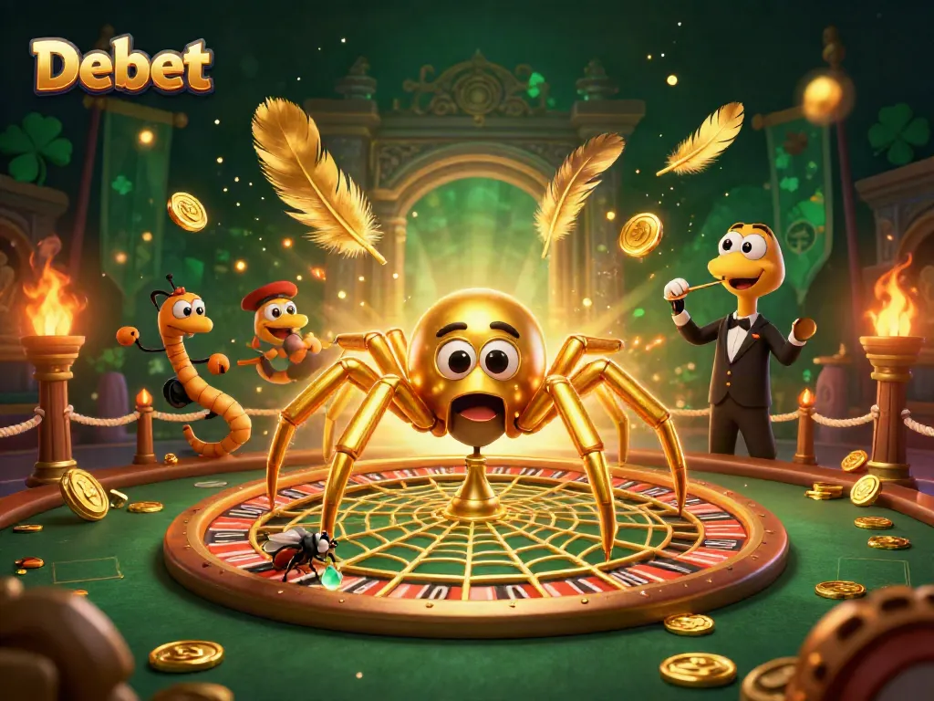 Bet on Debet with a golden spider and centipede hosts in an immersive casino scene