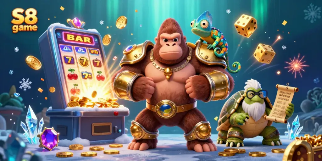 Spin in the S8 game for massive jackpots with vibrant casino icons and 3D characters.