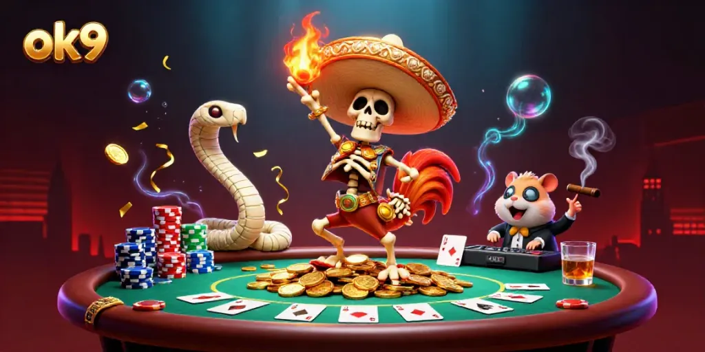 Join the excitement with ok9 in this dynamic casino-themed illustration with lively characters.
