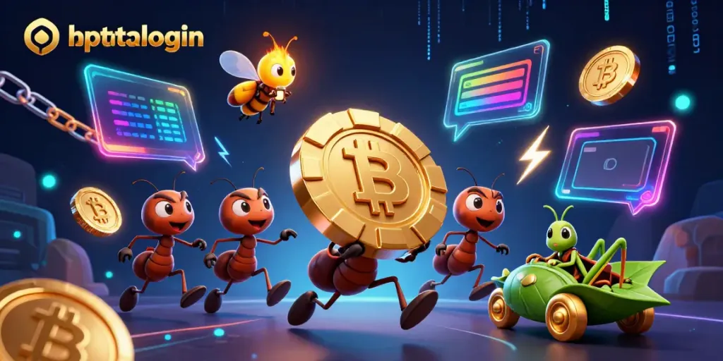 Join the heist with hptotologin's animated ants and colorful crypto symbols in vibrant 3D art.