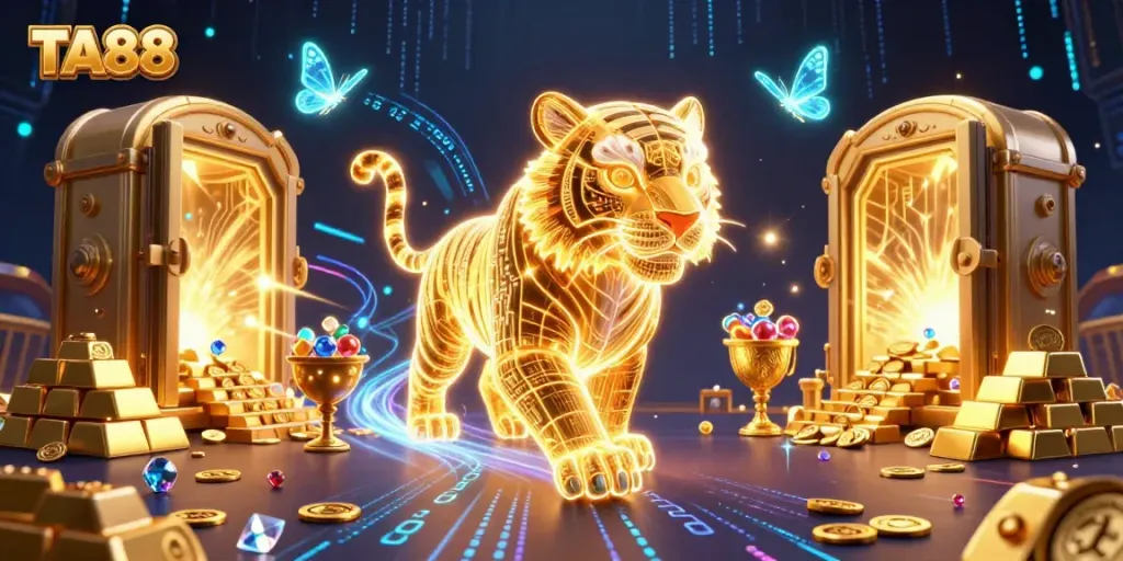 TA88 offers thrilling casino experience with a neon tiger and shimmering treasures in a digital landscape.