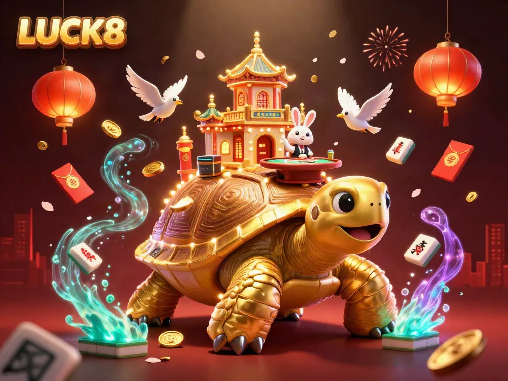 LUCK8 brings excitement alive with a rabbit dealer at a casino palace on a giant tortoise, adorned with festive elements.