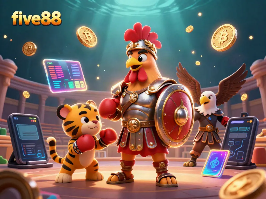 Experience the thrill of winning at five88 with a dynamic casino-themed illustration featuring a gladiator rooster and crypto elements.