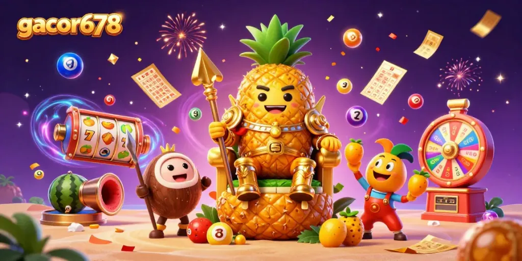 Experience the excitement of gacor678 with vibrant slot reels, a golden pineapple king, and colorful gaming elements.