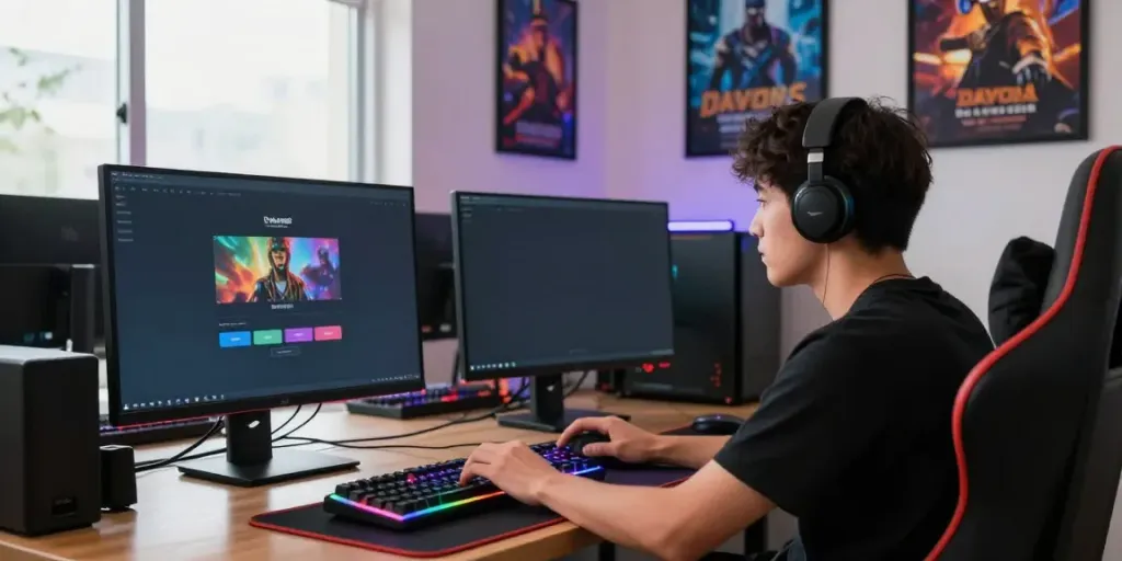 Davo88 online gaming experience with vibrant desk setup and focused player.