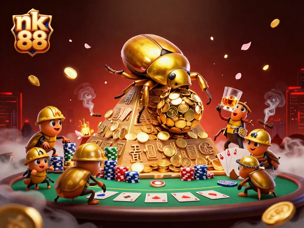 Experience the thrill of nk 88 with a golden beetle rolling coins, poker elements, and casino excitement!