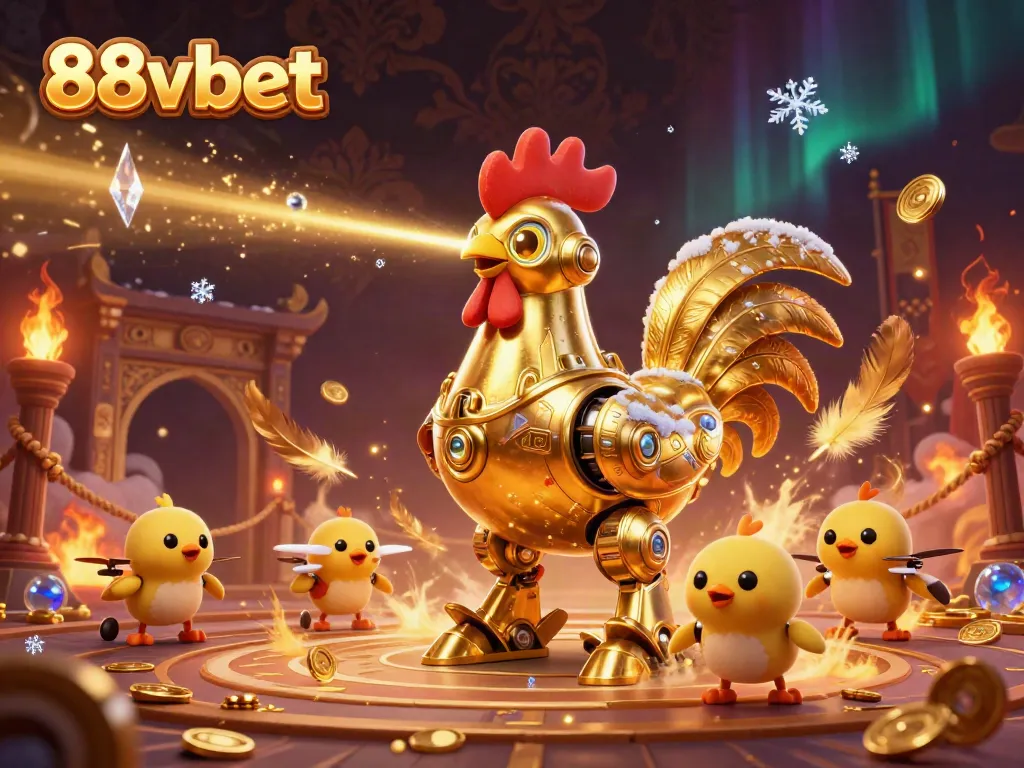 88vbet live casino scene featuring a golden robot and baby chick drones amidst gold coins and ember particles