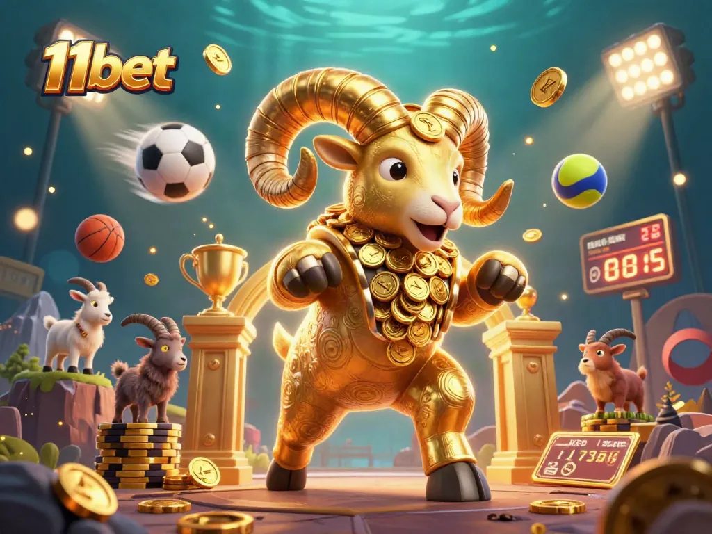 Experience the thrill of 11bet with dynamic sports elements and a powerful golden ram illustration.