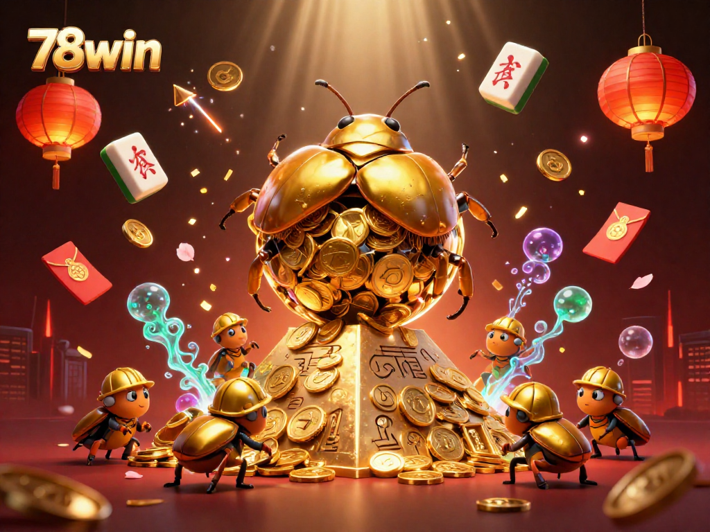 Engage with 78win's exciting gaming world as a golden beetle rolls wealth at the pyramid amidst vibrant casino elements.