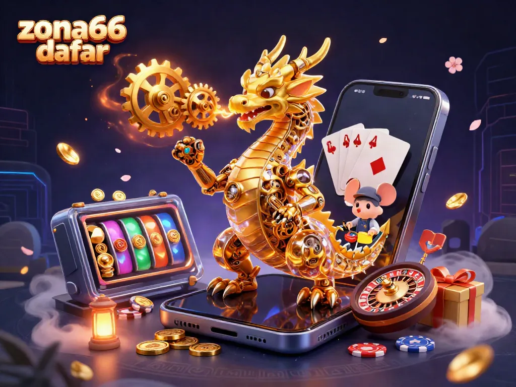 Engage with the vibrant world of zona66 daftar, showcasing a dragon amidst dynamic casino game elements.
