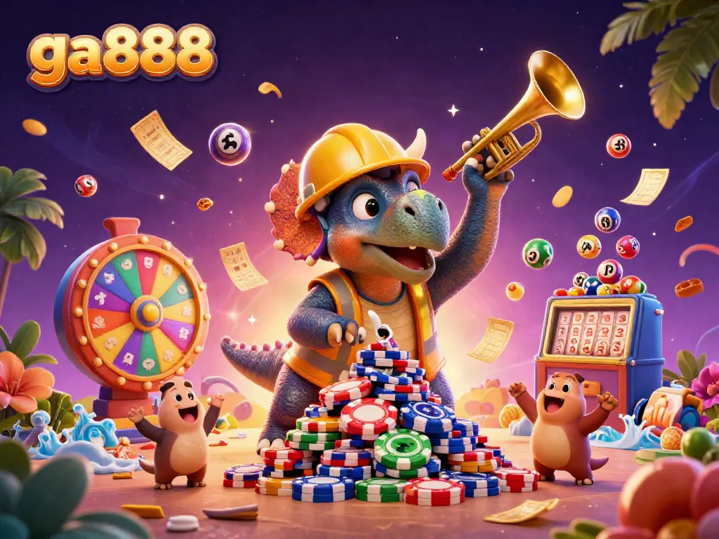 Experience thrilling moments with ga888 at a vibrant online gambling scene featuring lottery balls and cheering characters.