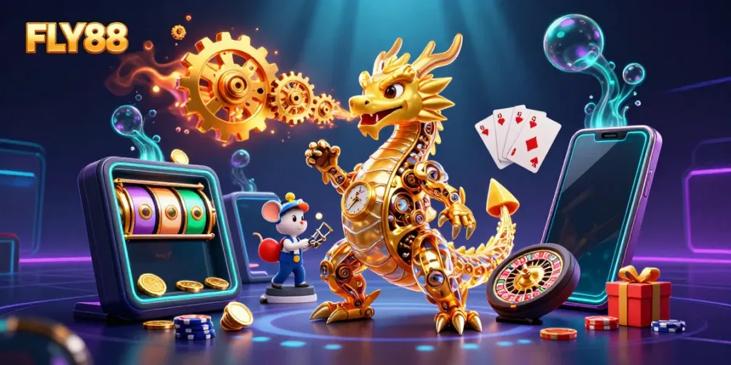 FLY88 offers thrilling gaming experience with a vibrant dragon and engaging casino elements.