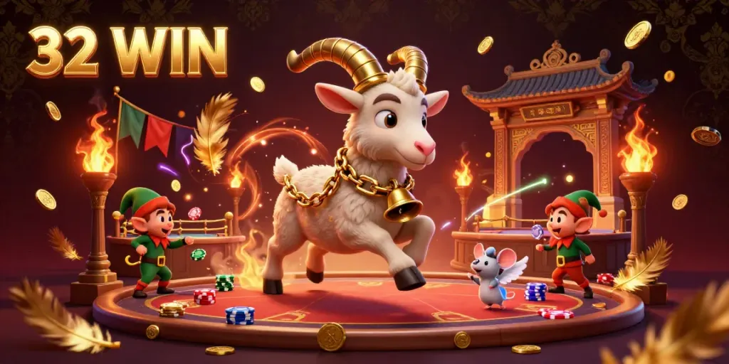 Experience the thrill of 32 WIN with a festive casino scene featuring a Krampus goat, an angel mouse, and mischievous elves.