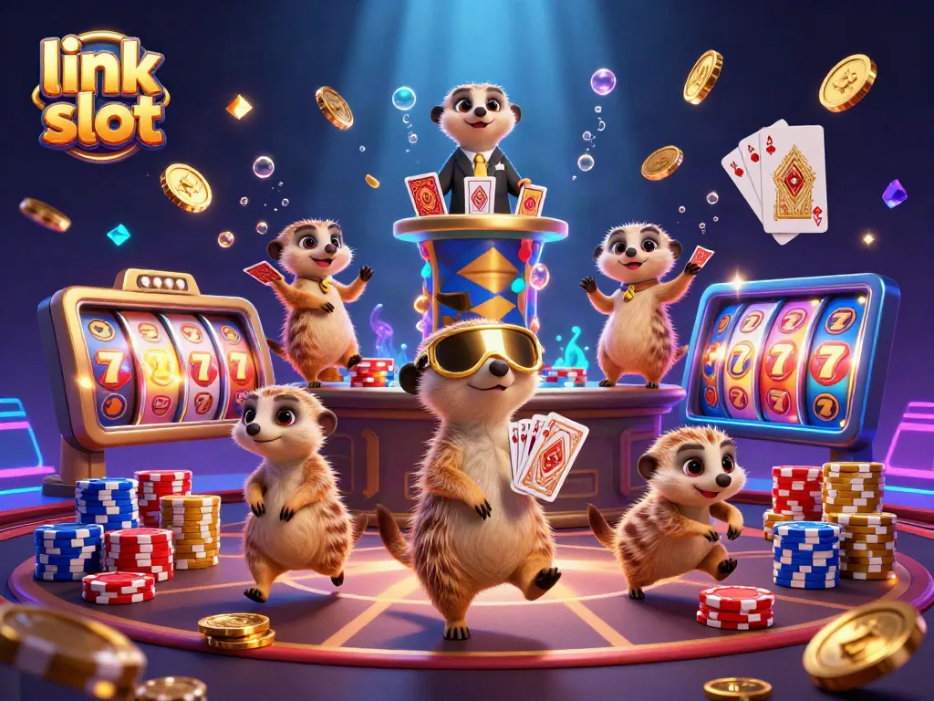 Engage with the thrill of link slot action in a vibrant 3D meerkat casino scene.