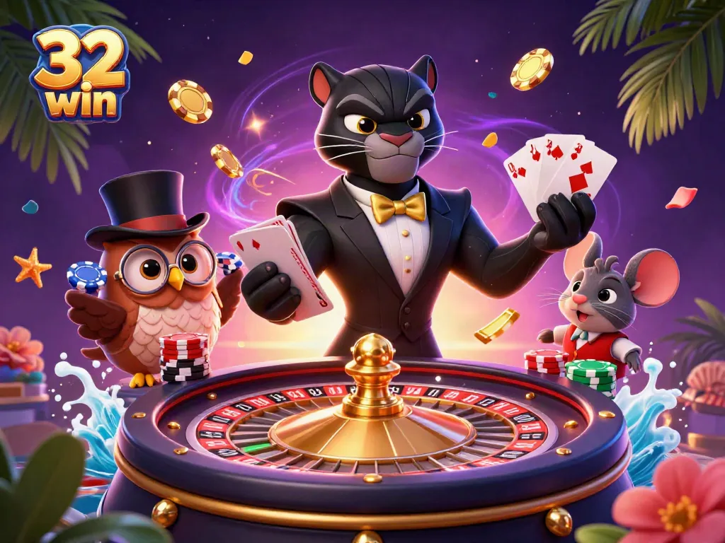 Engage with 32 win in an exciting 3D casino scene featuring a black panther dealer, owl, and lucky mouse.