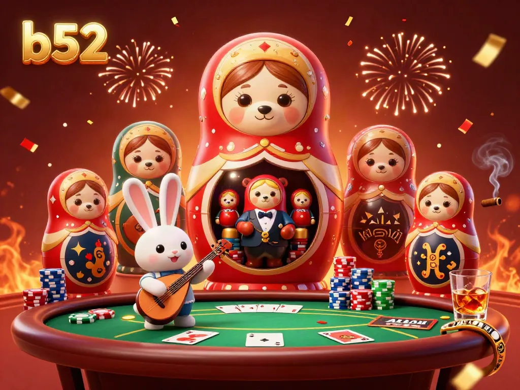 The vibrant b52 casino scene features a 3D Matryoshka bear revealing casino dealers and dynamic poker elements.
