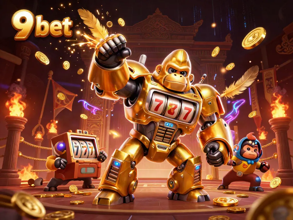 Experience the thrill of 9 bet with a golden gorilla mech and dynamic casino elements exploding in action.
