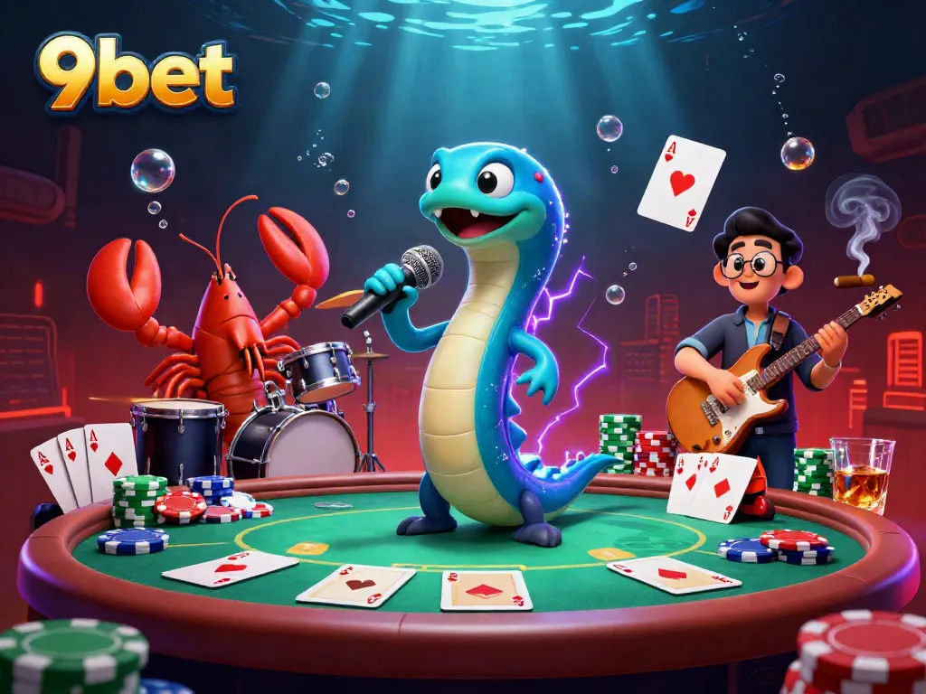 Electric eel DJ creates excitement in an underwater casino, highlighting 9bet poker elements.