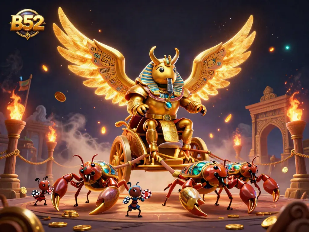 Experience thrilling B52 casino action with golden beetles and scorpions in a vibrant arena.