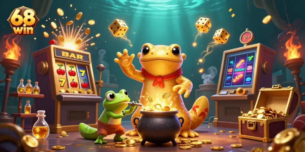 Experience exciting casino winnings with 68 win as golden characters celebrate a jackpot explosion.