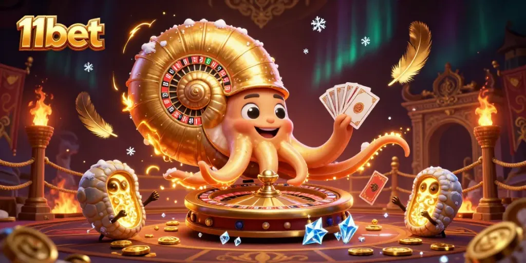 Engage in exciting gameplay at 11bet with a golden spiral roulette wheel and glowing creatures.