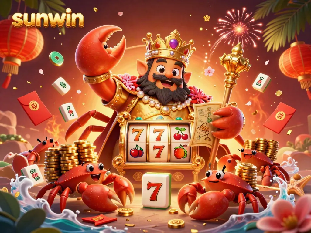 Experience thrilling sunwin slots with vibrant golden crab emperor and lively gaming elements.