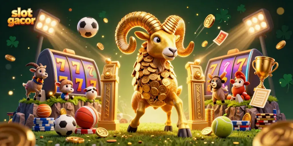 Experience the ultimate thrill with 'slot gacor' in a vibrant 3D casino filled with winning symbols and festive elements.