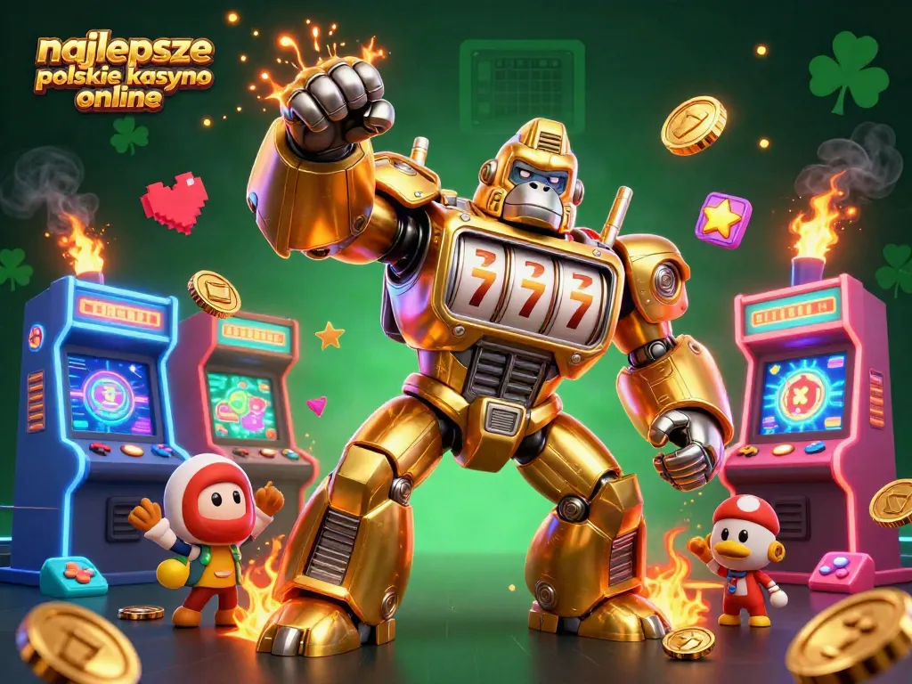Experience the excitement of najlepsze polskie kasyno online with this energetic illustration featuring a golden gorilla mech and dynamic game elements.