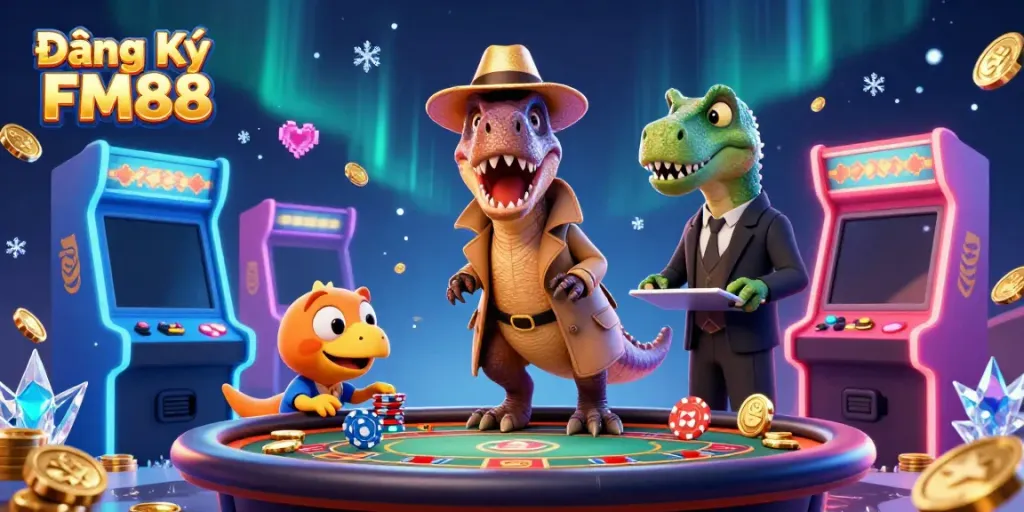 Experience the vibrant Đăng Ký FM88 atmosphere with dynamic characters and casino elements.