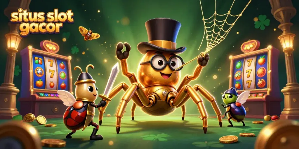 Spin the reels on situs slot gacor with a vibrant 3D cartoon casino scene featuring a giant tarantula and a knight.