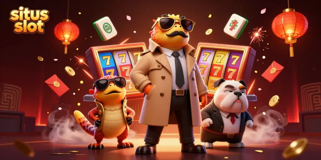 Ilustrasi 3D lucu tiga raptor berpakaian jas mencoba masuk ke lounge kasino VIP, simbol keberuntungan dan slot.