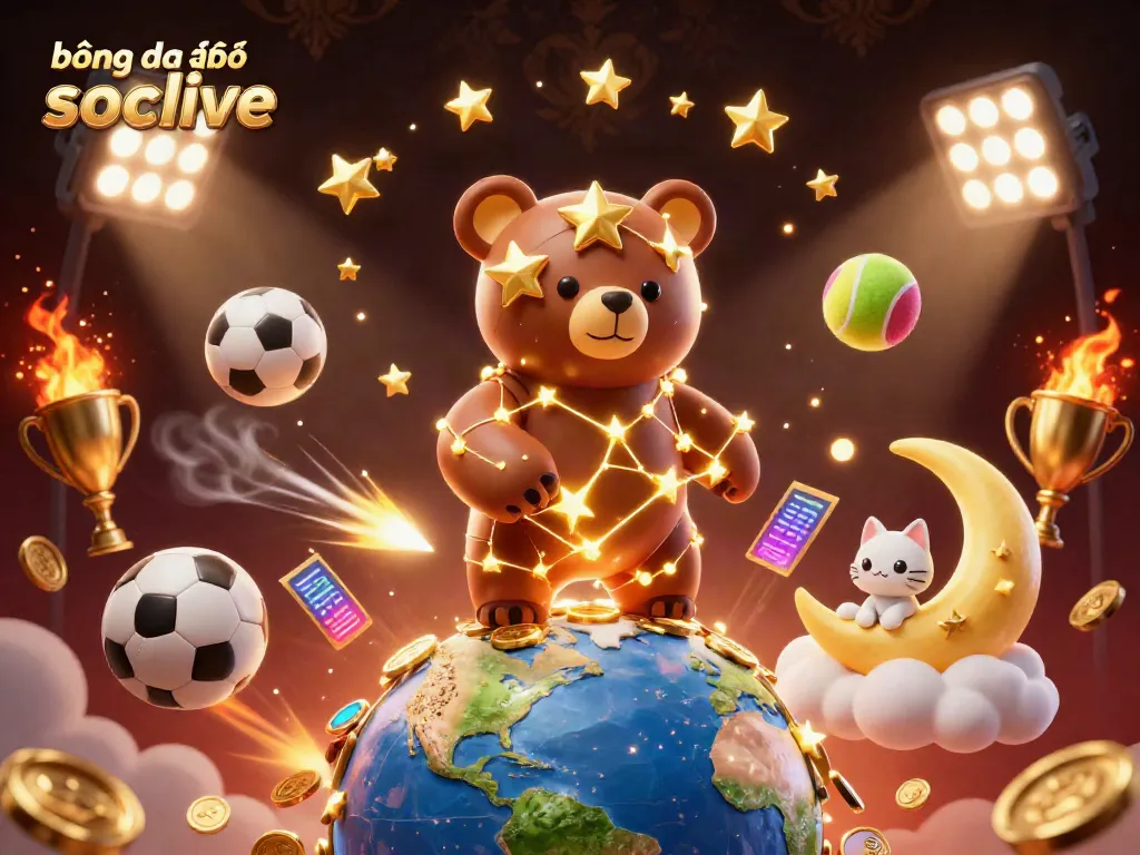 Watch bóng đá trực tuyến socolive with dynamic sports elements and vibrant 3D bear illustration.