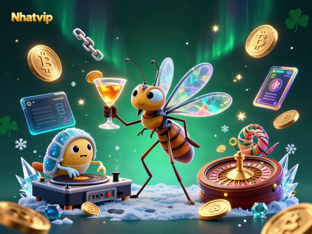 Nhatvip showcases an interactive casino scene with cartoon characters and crypto elements, creating a festive gambling atmosphere.