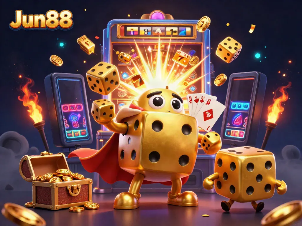 Experience exhilarating gameplay at Jun88 with a dynamic casino illustration featuring vibrant slot machines, golden dice, and more.