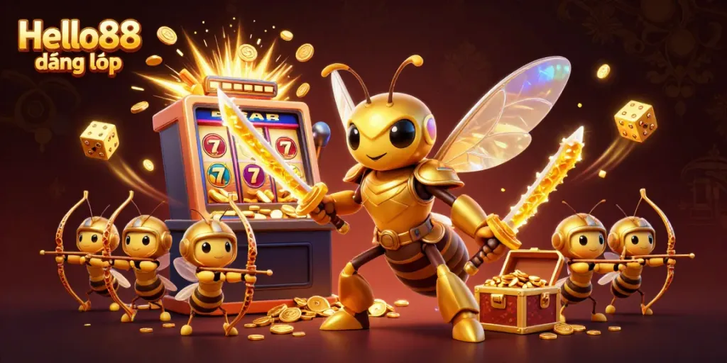 Experience the excitement of Hello88 đăng nhập with a dynamic casino scene featuring a golden hornet, slot machine, and vibrant game elements.