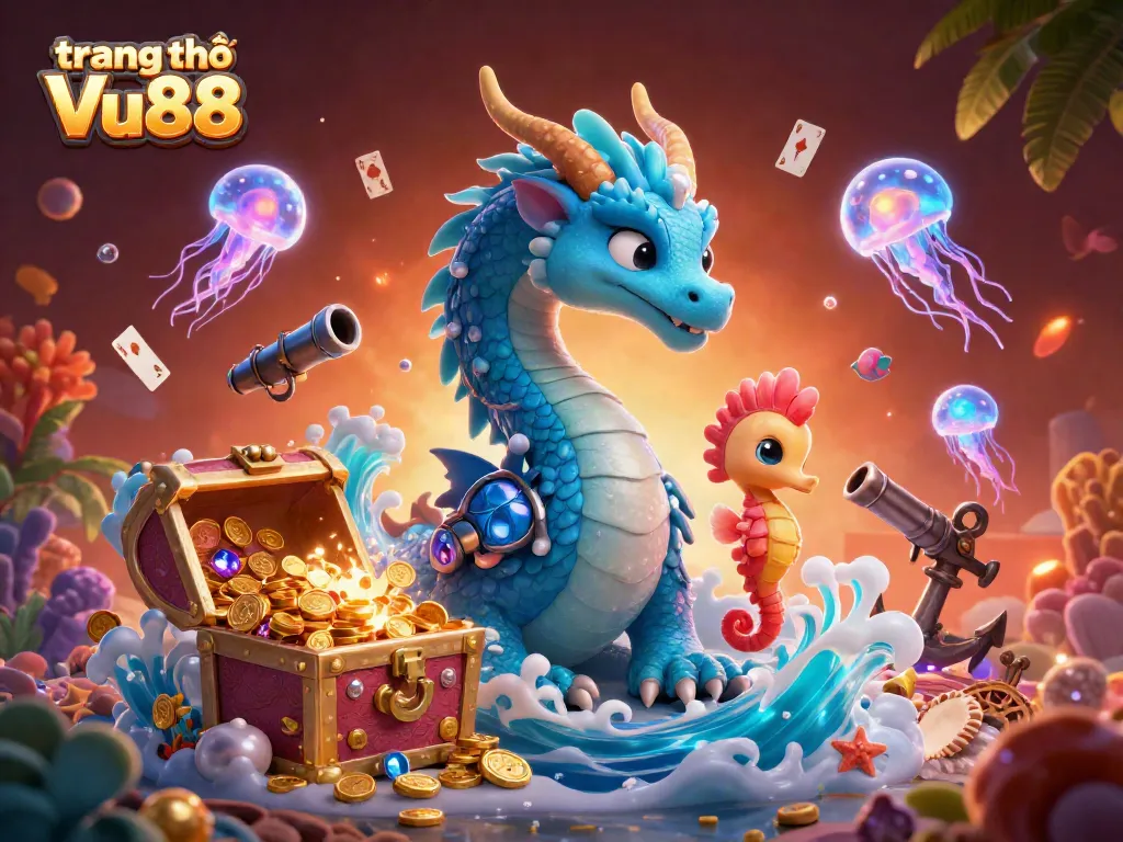Engage in vibrant gaming at trang chủ Vu88 with a magical underwater scene featuring a dragon and treasure.