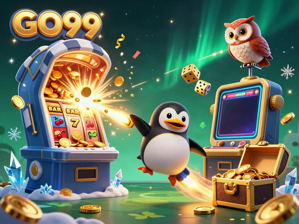 GO99 features a golden penguin navigating towards a casino chip station amidst exploding jackpots and vibrant game elements.