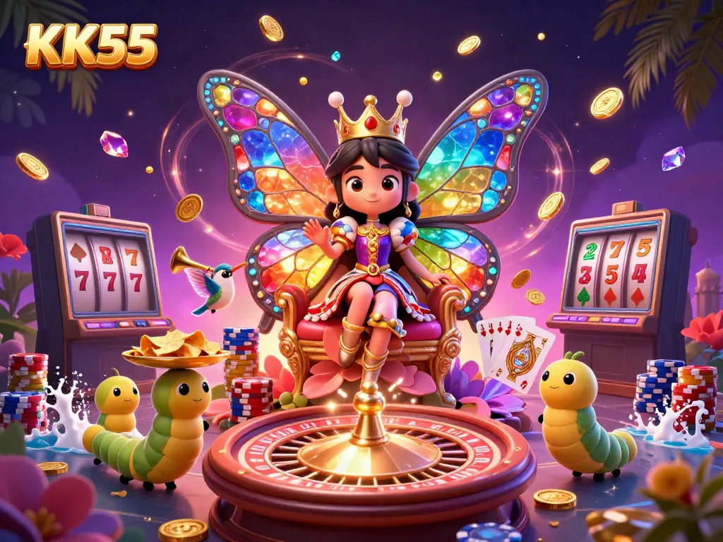 Experience the vibrant world of KK55, where the butterfly queen and casino games come to life.