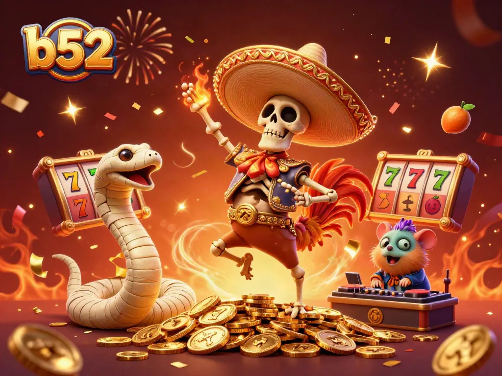 Win big at b52 casino with a vibrant victory scene featuring the mariachi rooster dance, slot reels, and golden coins.