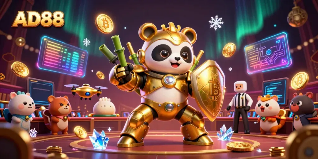 Experience thrilling gaming at AD88 with an energetic golden panda in a mech-suit piloting a robot at a vibrant casino arena.