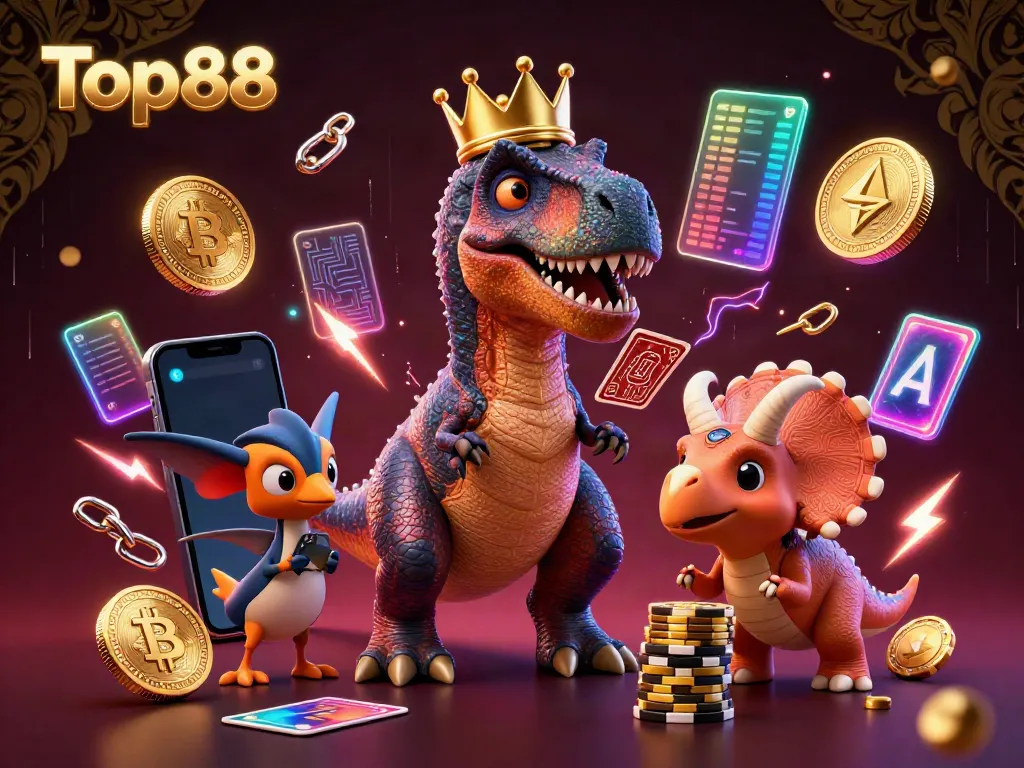 Engage with the vibrant Top88 casino scene featuring a T-Rex shuffling cards, vibrant crypto elements, and neon effects.