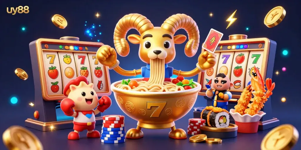 Engage with uy88's vibrant gaming scene featuring a lively ramen bowl dealer amidst slot machine symbols.