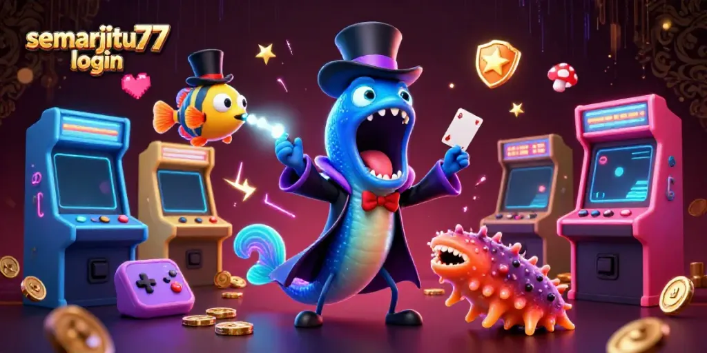 Gulper eel melakukan trik kartu dalam semarjitu77 login, bersinar dengan efek 3D yang memukau.