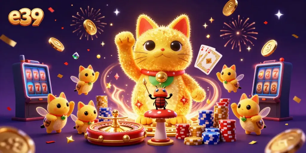 Experience the thrill of winning at e39 with a dynamic casino scene featuring lucky symbols and vibrant graphics.