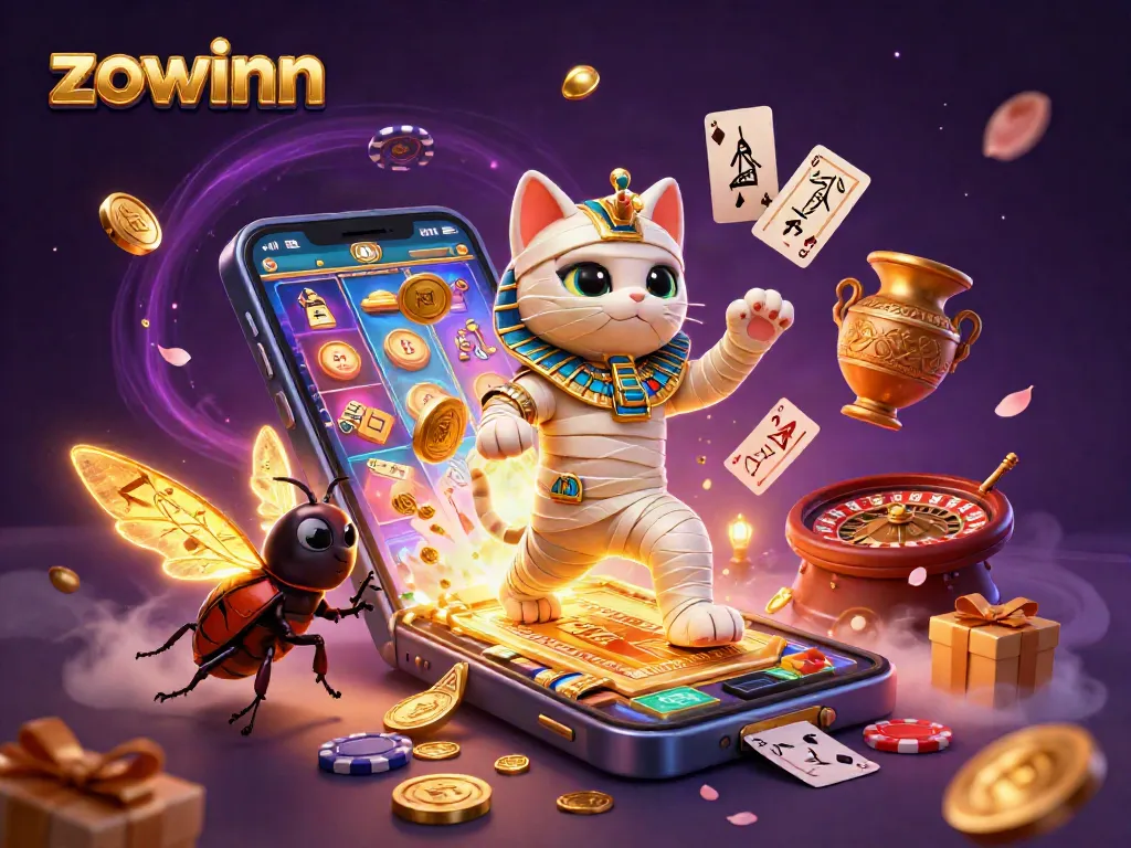 Experience the thrill of zowinn with an Egyptian mummy cat and glowing scarab in a dynamic casino scene.
