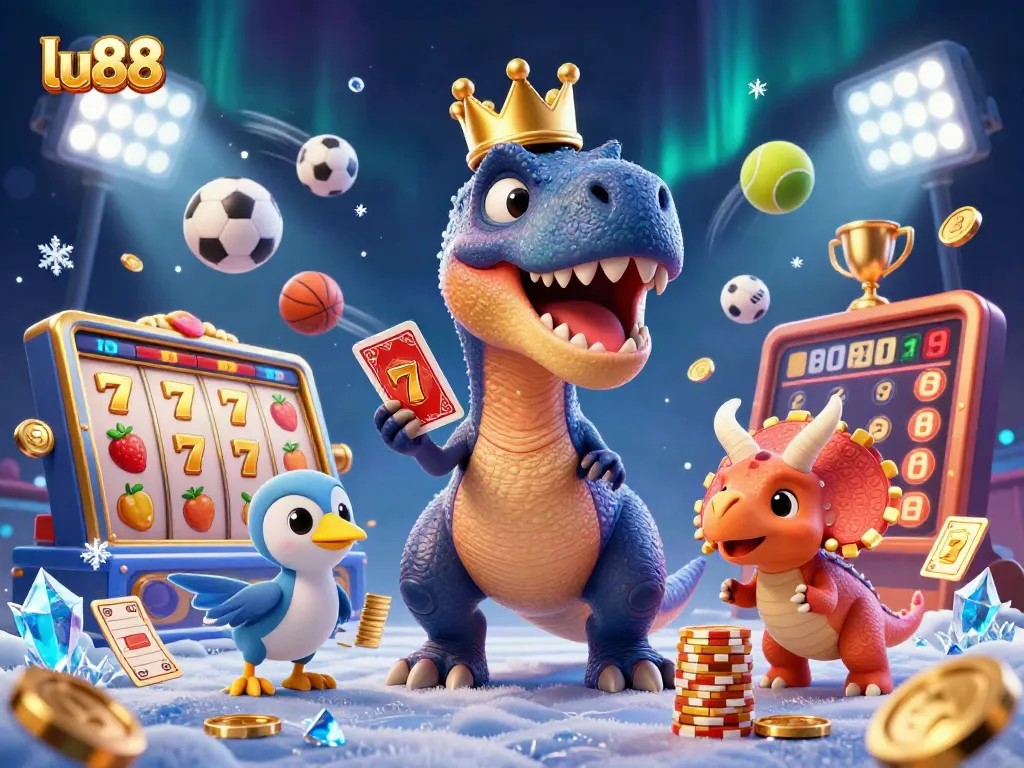 Experience thrilling slots at lu88 with a friendly T-Rex shuffling cards and a baby triceratops stacking chips.