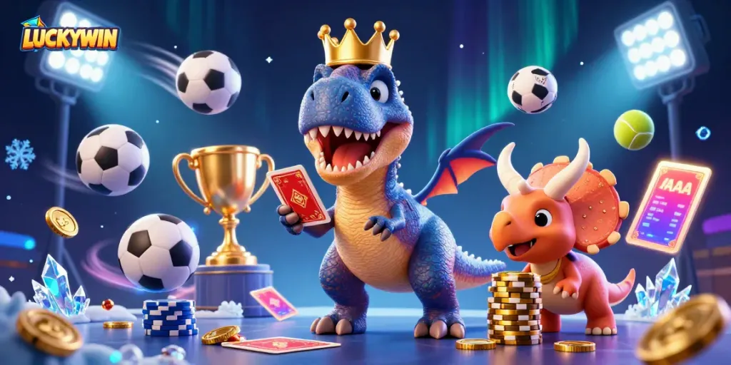 Join the fun at LUCKYWIN with a T-Rex shuffling cards while a triceratops stacks chips in vibrant casino action.