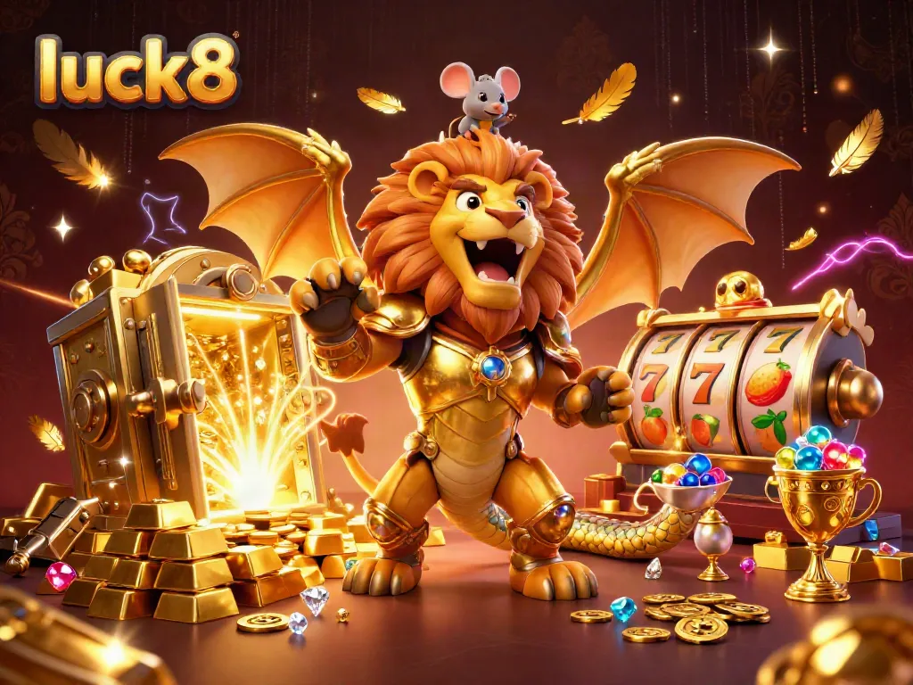 Experience luck8 with a roaring chimera in golden armor, surrounded by treasures and slot reels bursting with excitement.