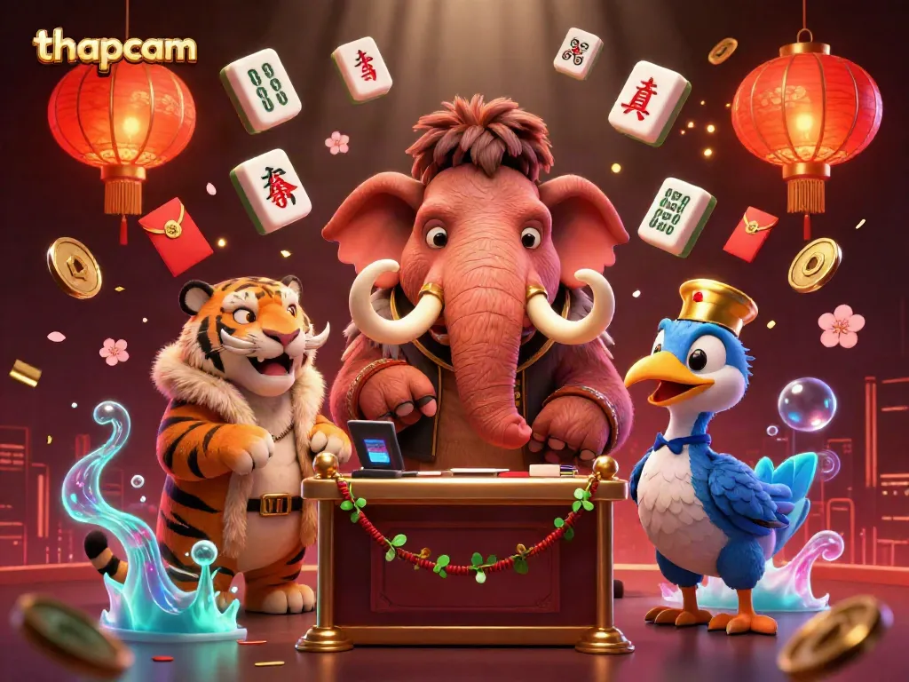 Thapcam invites players to enjoy a 3D illustration of a woolly mammoth bouncer at a casino door, surrounded by vibrant gambling elements.